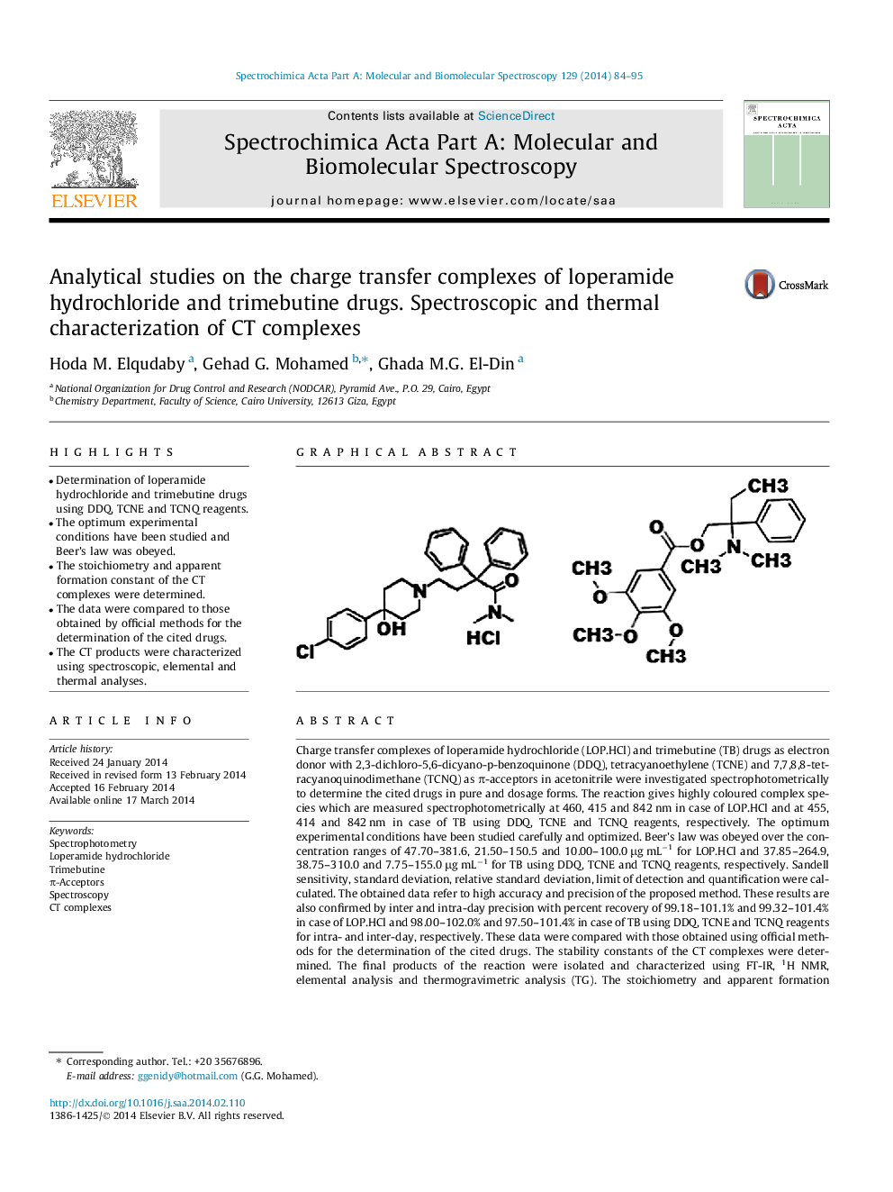 Analytical studies on the charge transfer complexes of loperamide hydrochloride and trimebutine drugs. Spectroscopic and thermal characterization of CT complexes