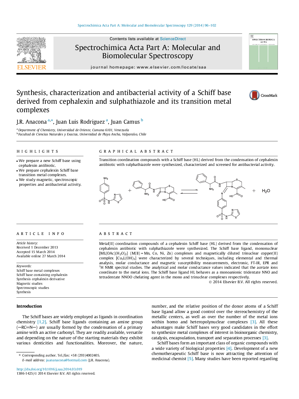 Synthesis, characterization and antibacterial activity of a Schiff base derived from cephalexin and sulphathiazole and its transition metal complexes