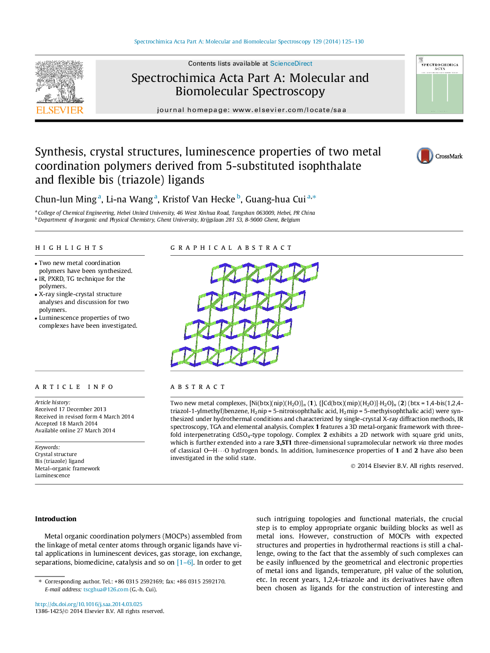 Synthesis, crystal structures, luminescence properties of two metal coordination polymers derived from 5-substituted isophthalate and flexible bis (triazole) ligands