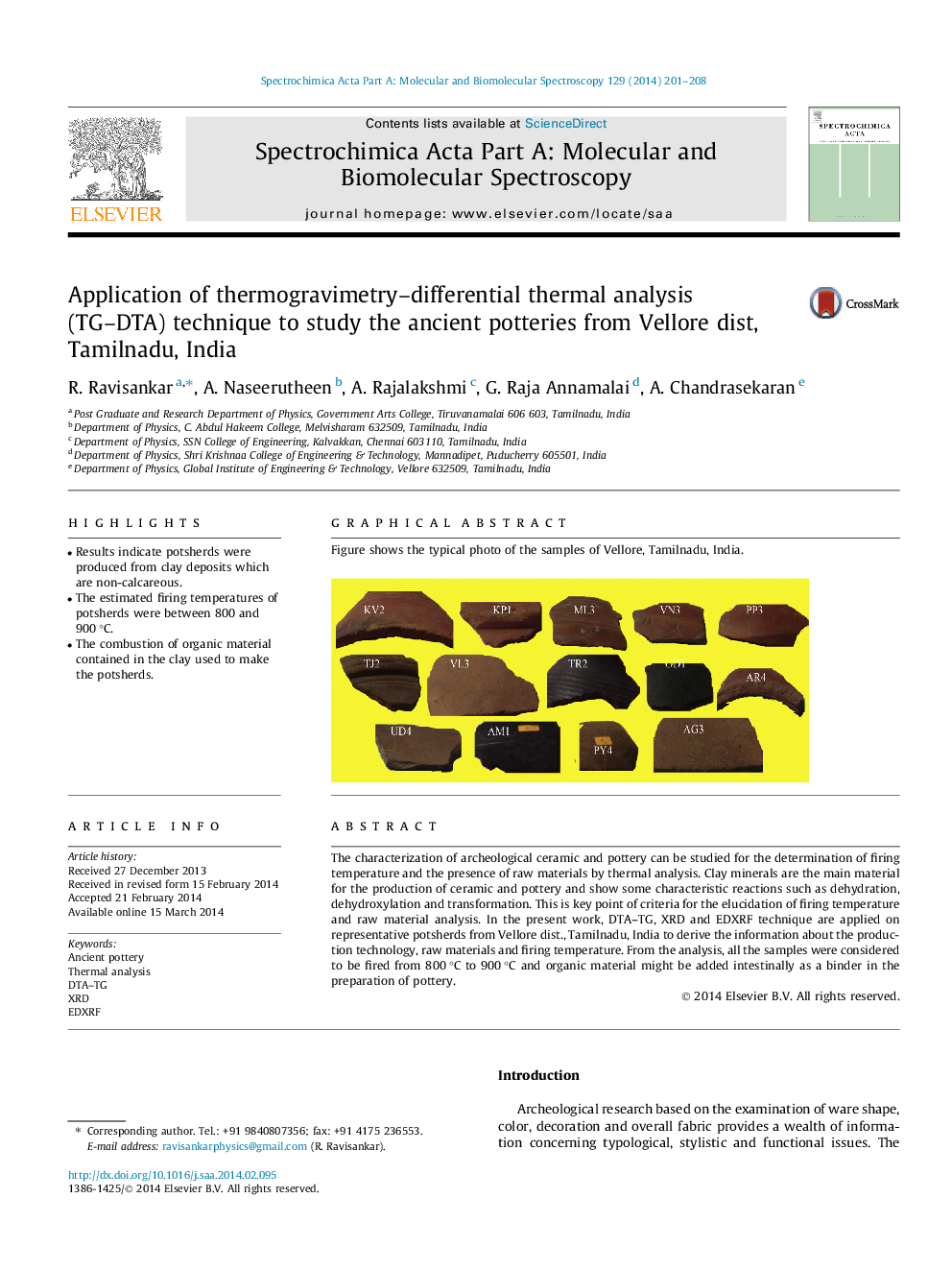 Application of thermogravimetry–differential thermal analysis (TG–DTA) technique to study the ancient potteries from Vellore dist, Tamilnadu, India