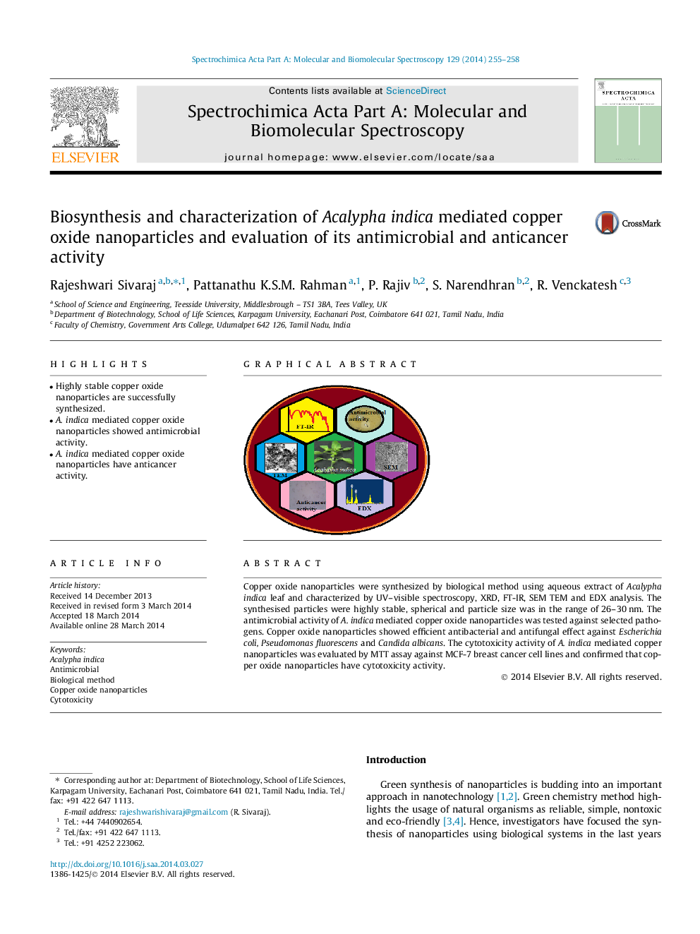 Biosynthesis and characterization of Acalypha indica mediated copper oxide nanoparticles and evaluation of its antimicrobial and anticancer activity