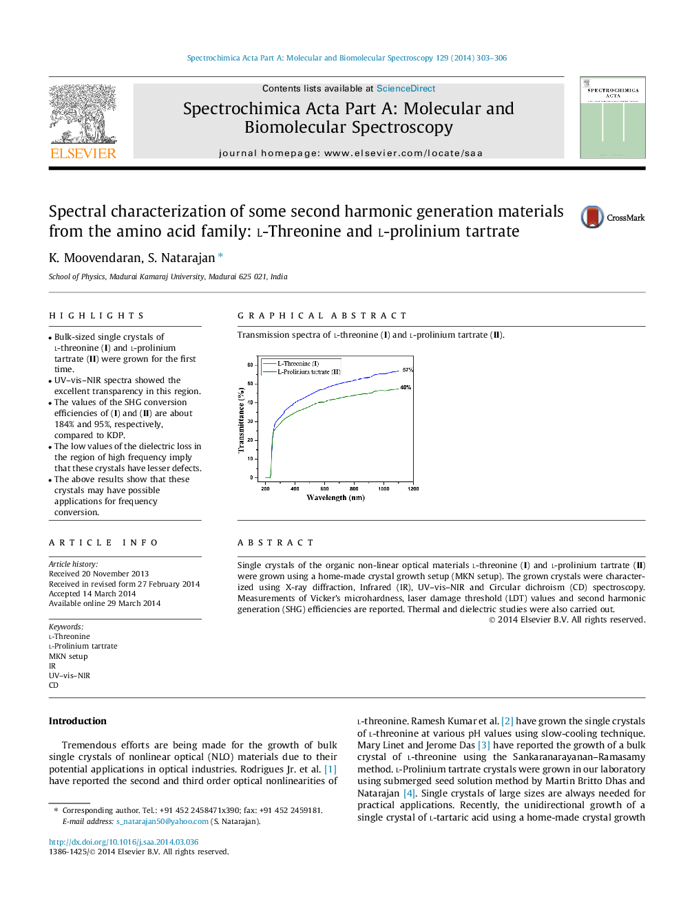 Spectral characterization of some second harmonic generation materials from the amino acid family: l-Threonine and l-prolinium tartrate