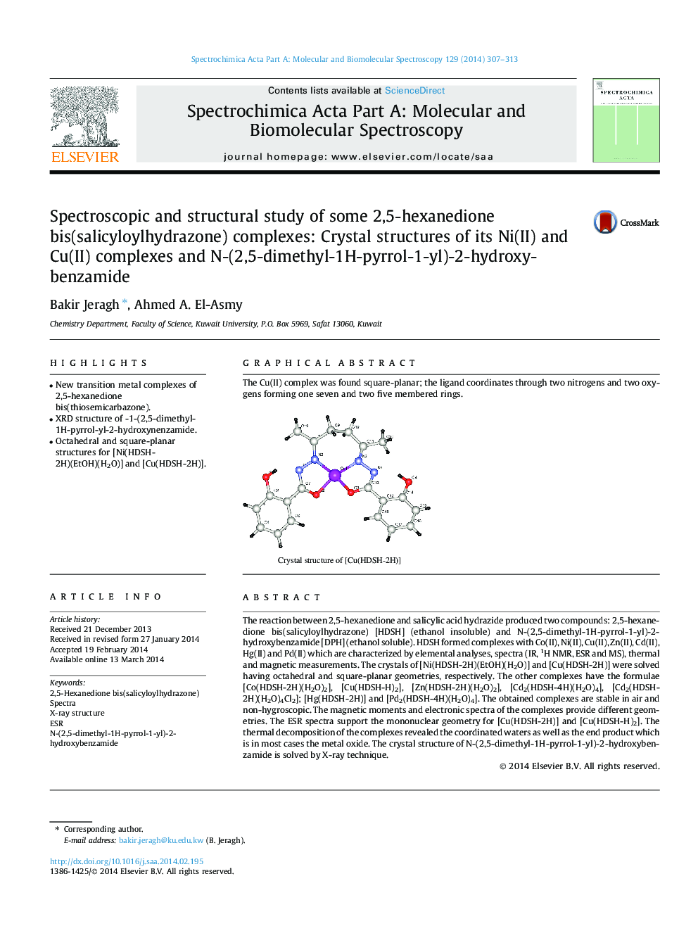 Spectroscopic and structural study of some 2,5-hexanedione bis(salicyloylhydrazone) complexes: Crystal structures of its Ni(II) and Cu(II) complexes and N-(2,5-dimethyl-1H-pyrrol-1-yl)-2-hydroxy-benzamide