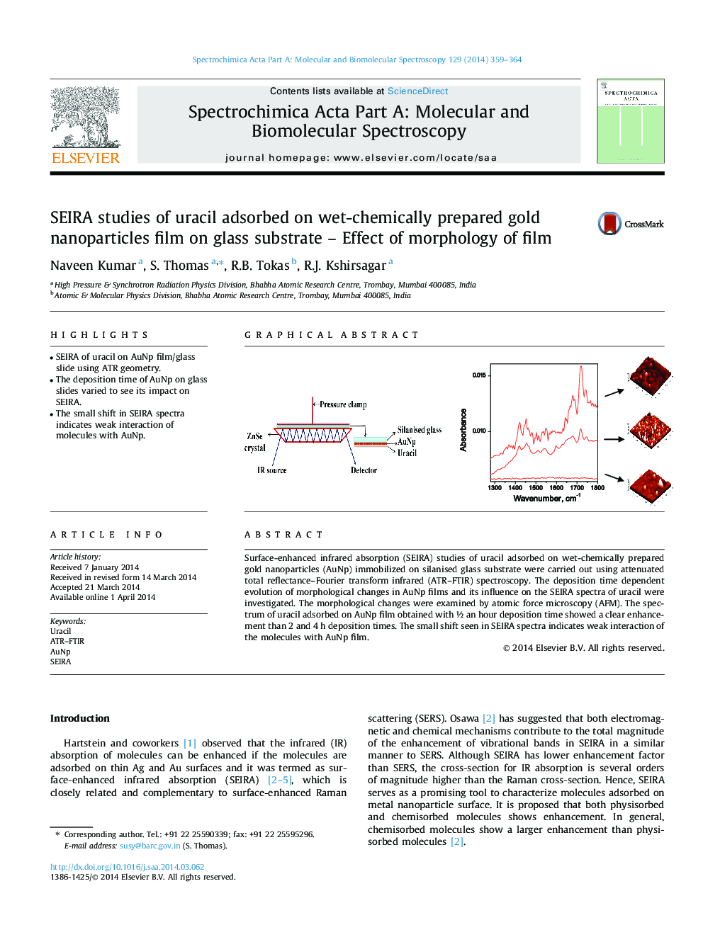 SEIRA studies of uracil adsorbed on wet-chemically prepared gold nanoparticles film on glass substrate – Effect of morphology of film