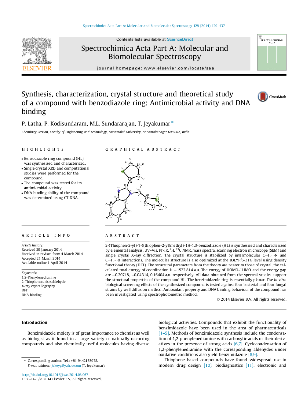 Synthesis, characterization, crystal structure and theoretical study of a compound with benzodiazole ring: Antimicrobial activity and DNA binding