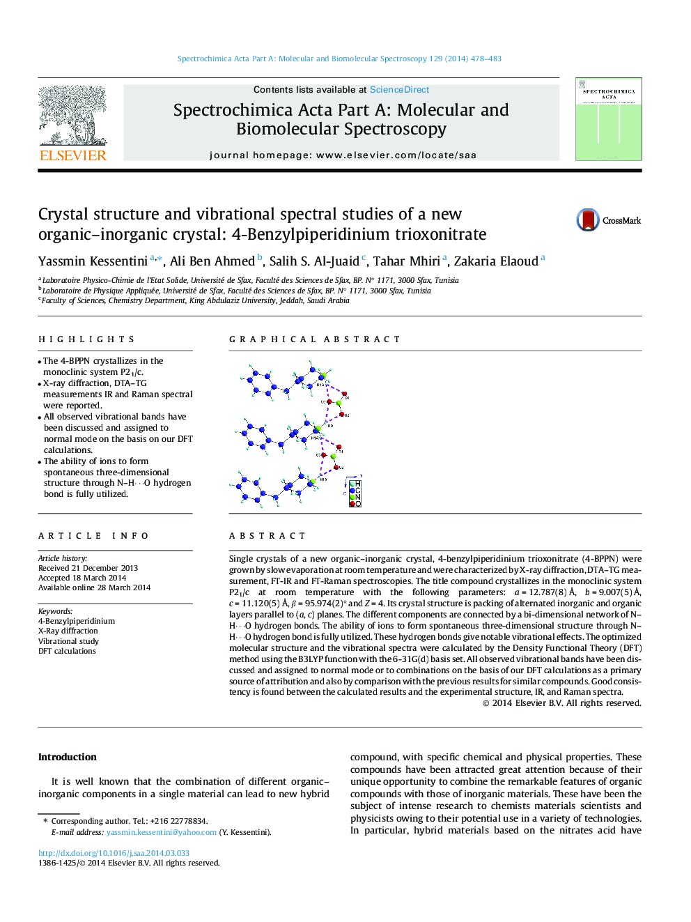 Crystal structure and vibrational spectral studies of a new organic–inorganic crystal: 4-Benzylpiperidinium trioxonitrate