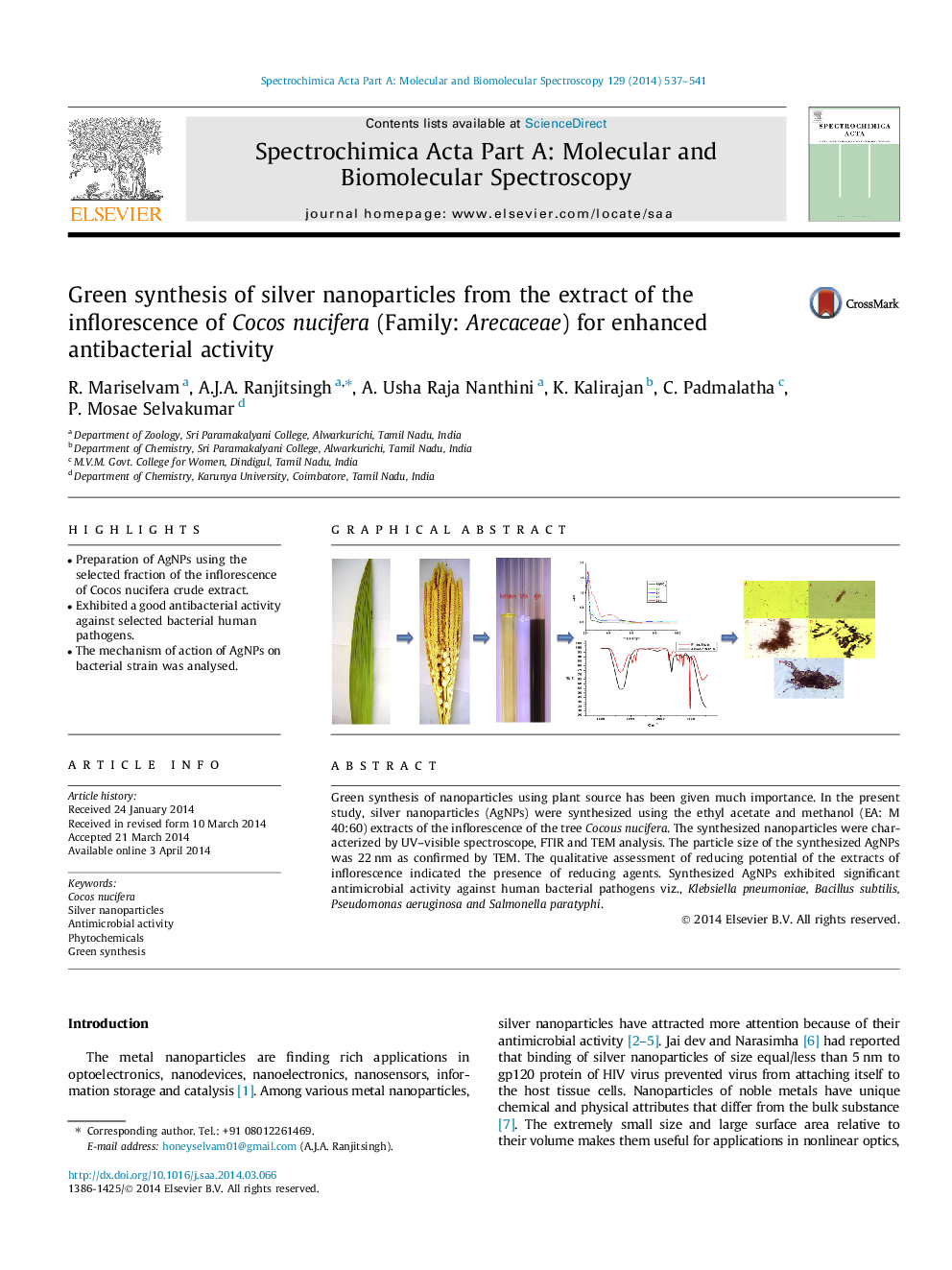 Green synthesis of silver nanoparticles from the extract of the inflorescence of Cocos nucifera (Family: Arecaceae) for enhanced antibacterial activity