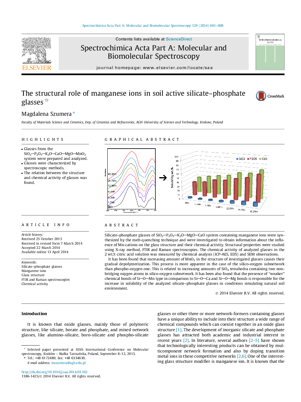 The structural role of manganese ions in soil active silicate–phosphate glasses 