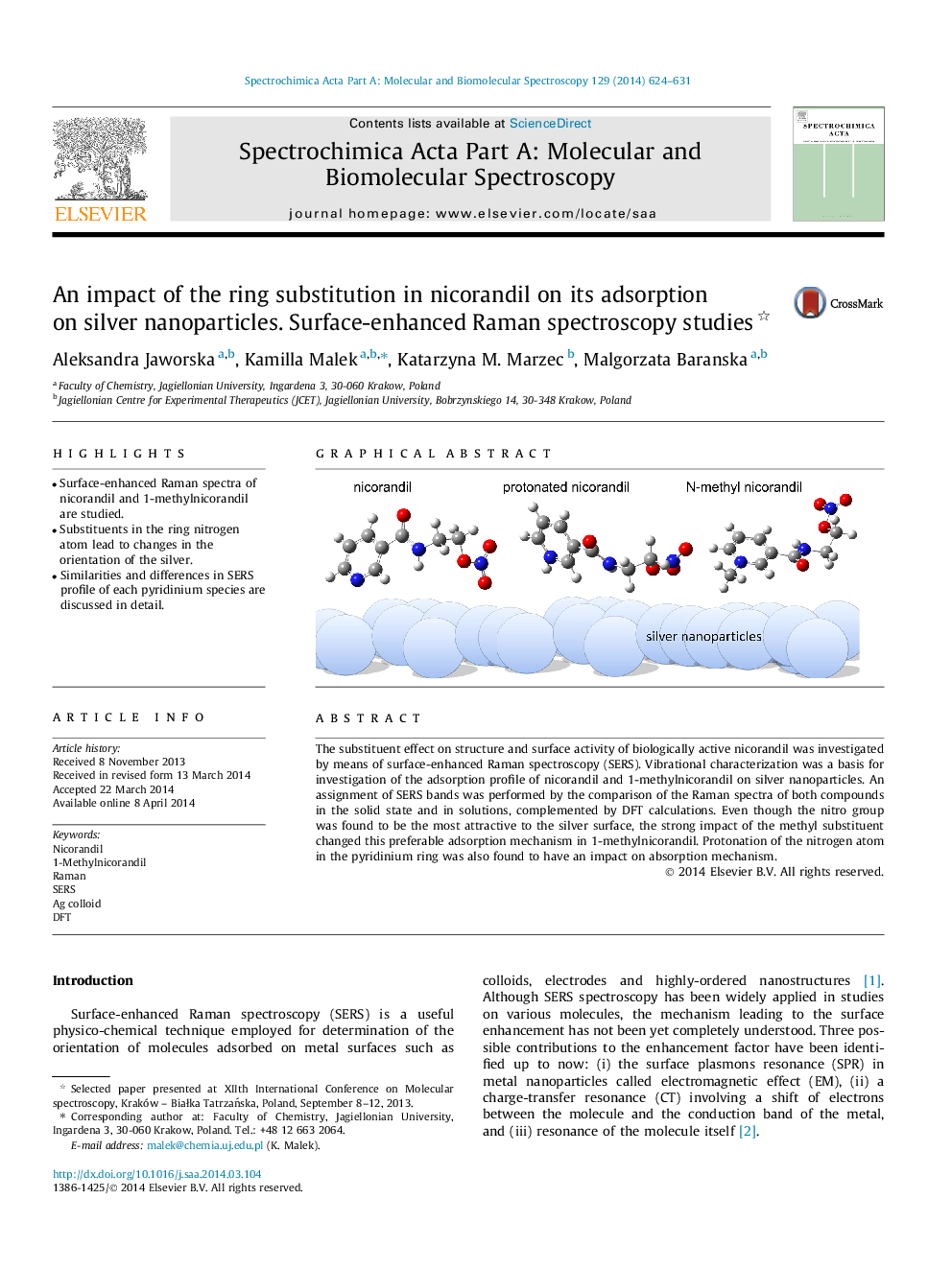 An impact of the ring substitution in nicorandil on its adsorption on silver nanoparticles. Surface-enhanced Raman spectroscopy studies 