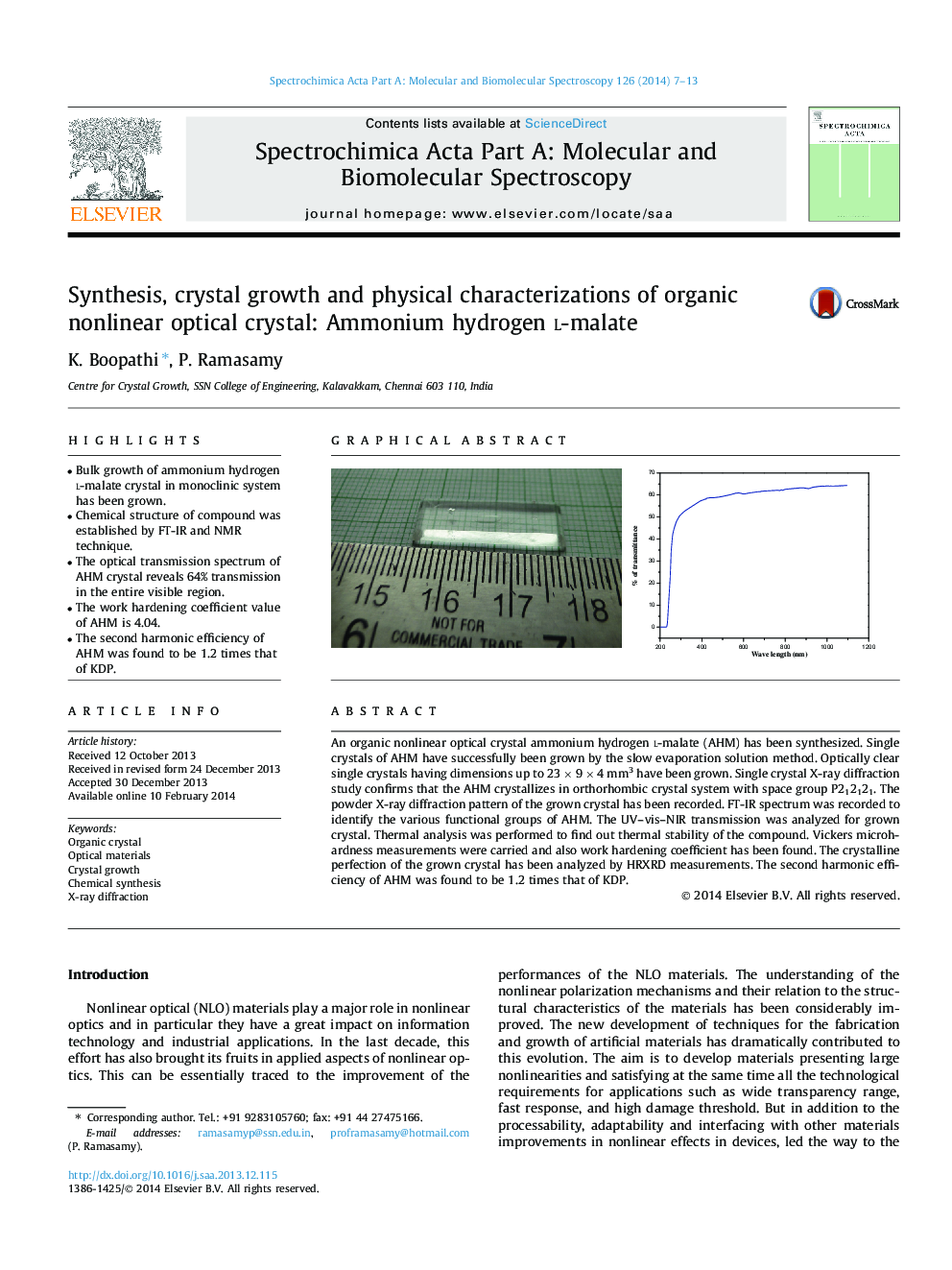 Synthesis, crystal growth and physical characterizations of organic nonlinear optical crystal: Ammonium hydrogen l-malate