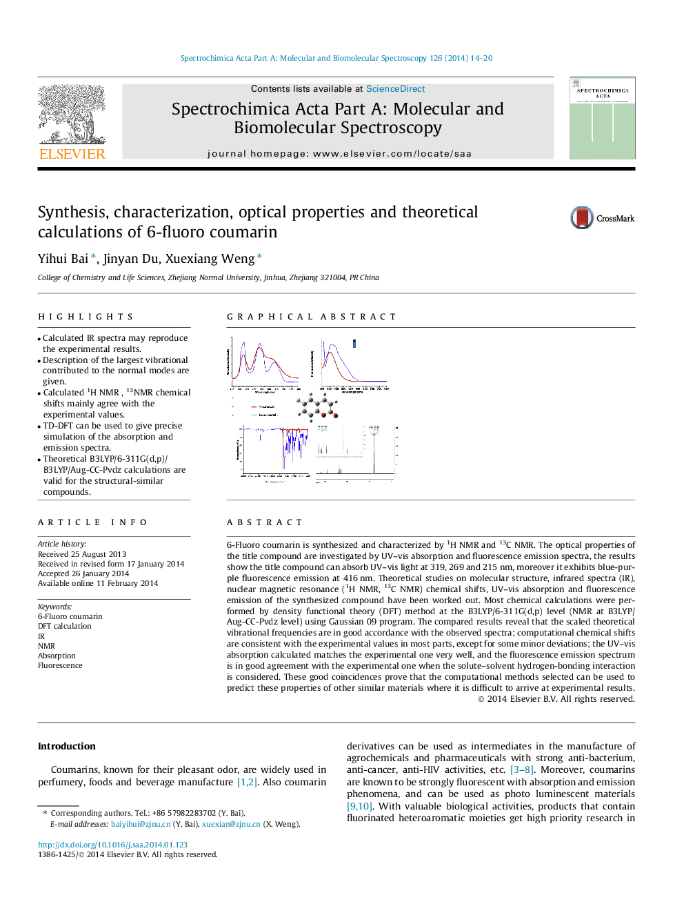 Synthesis, characterization, optical properties and theoretical calculations of 6-fluoro coumarin