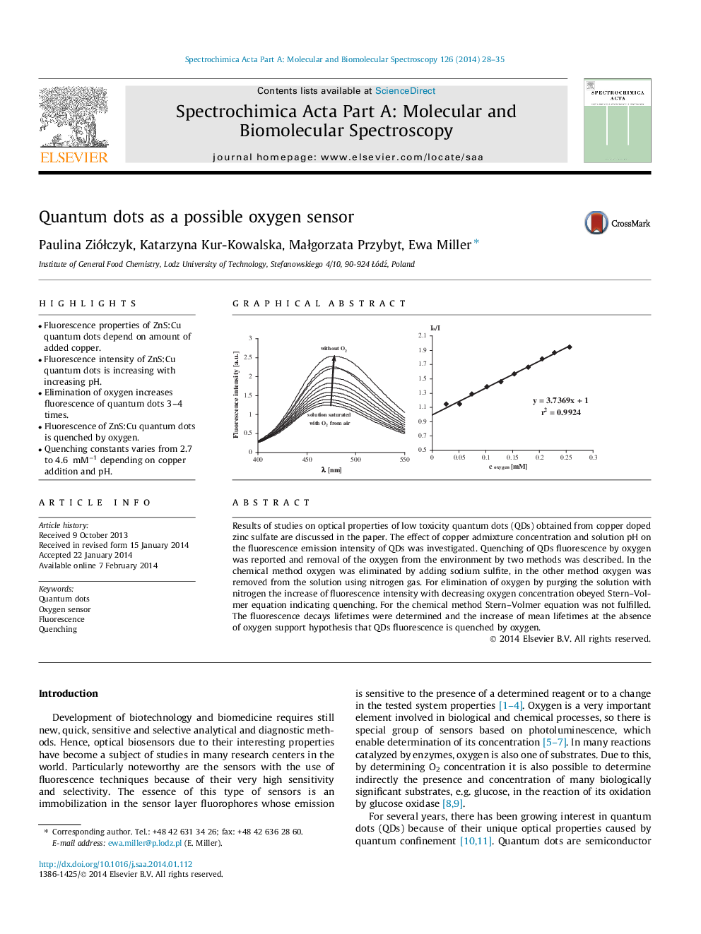 Quantum dots as a possible oxygen sensor