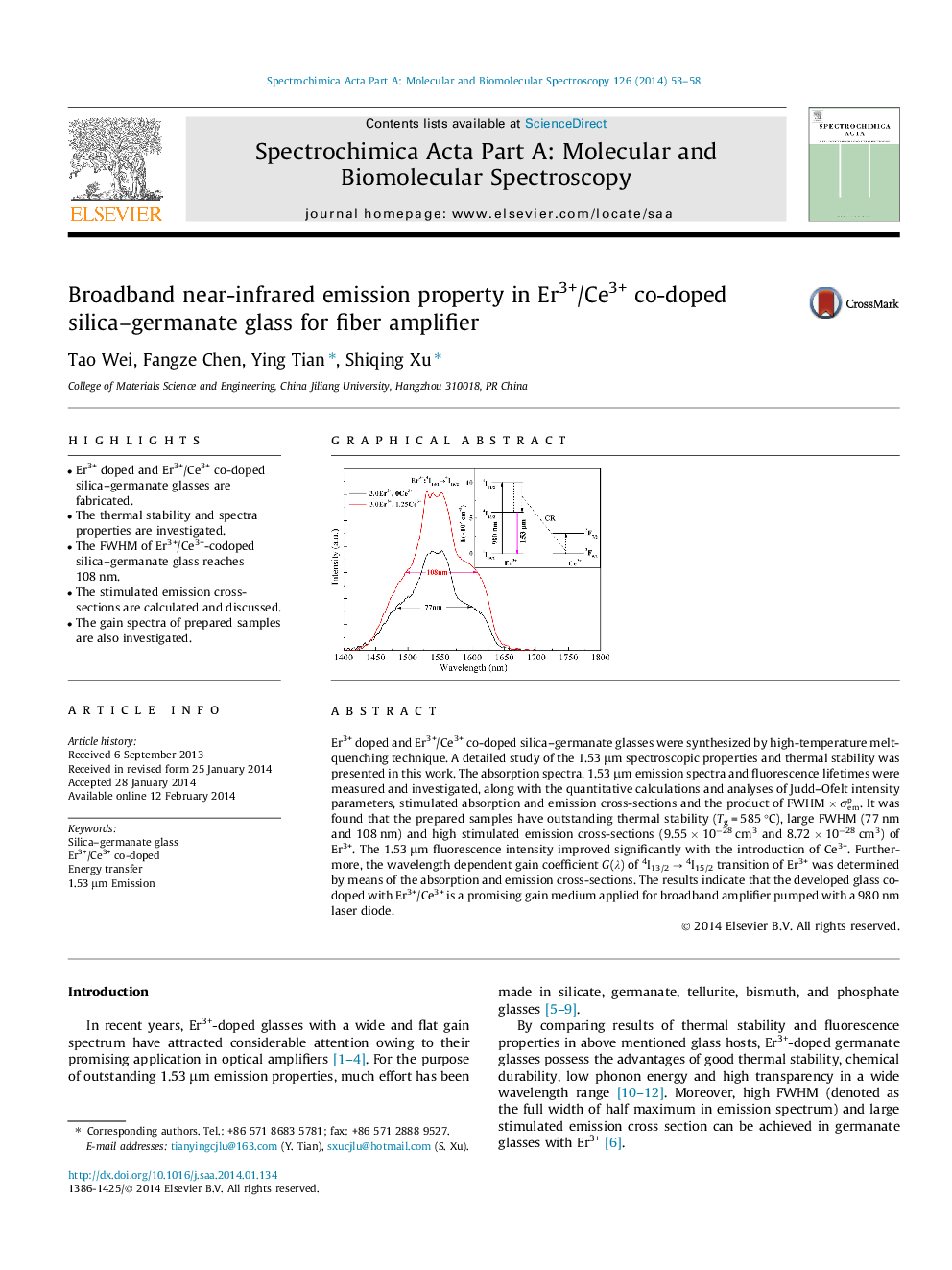 Broadband near-infrared emission property in Er3+/Ce3+ co-doped silica–germanate glass for fiber amplifier