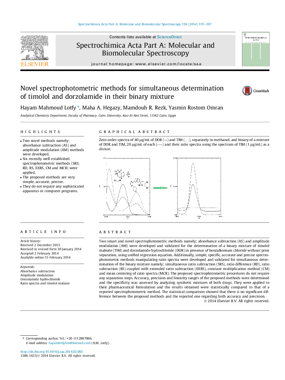 Novel spectrophotometric methods for simultaneous determination of timolol and dorzolamide in their binary mixture