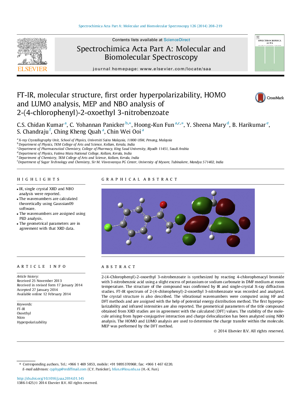 FT-IR, molecular structure, first order hyperpolarizability, HOMO and LUMO analysis, MEP and NBO analysis of 2-(4-chlorophenyl)-2-oxoethyl 3-nitrobenzoate