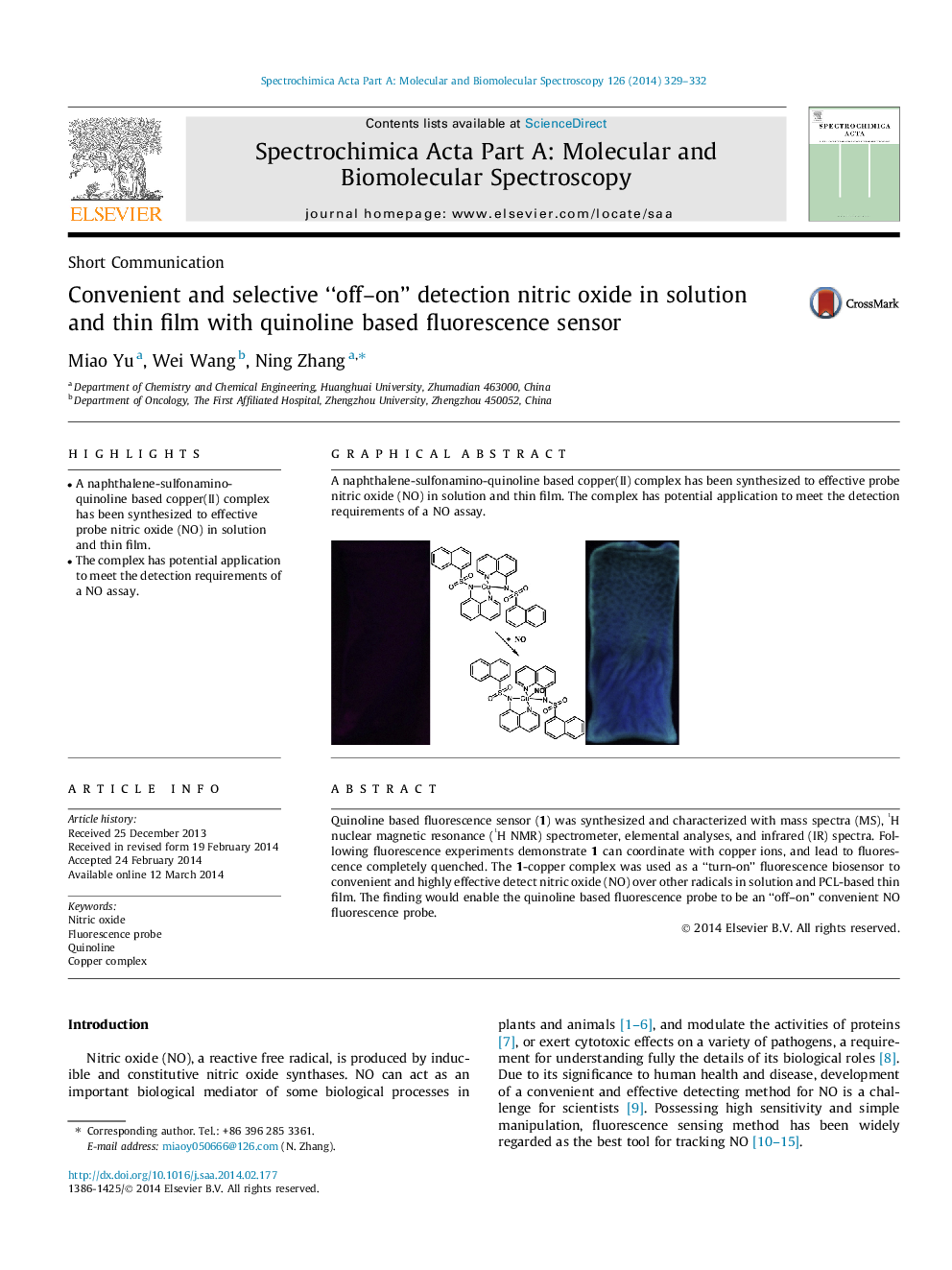 Convenient and selective “off–on” detection nitric oxide in solution and thin film with quinoline based fluorescence sensor