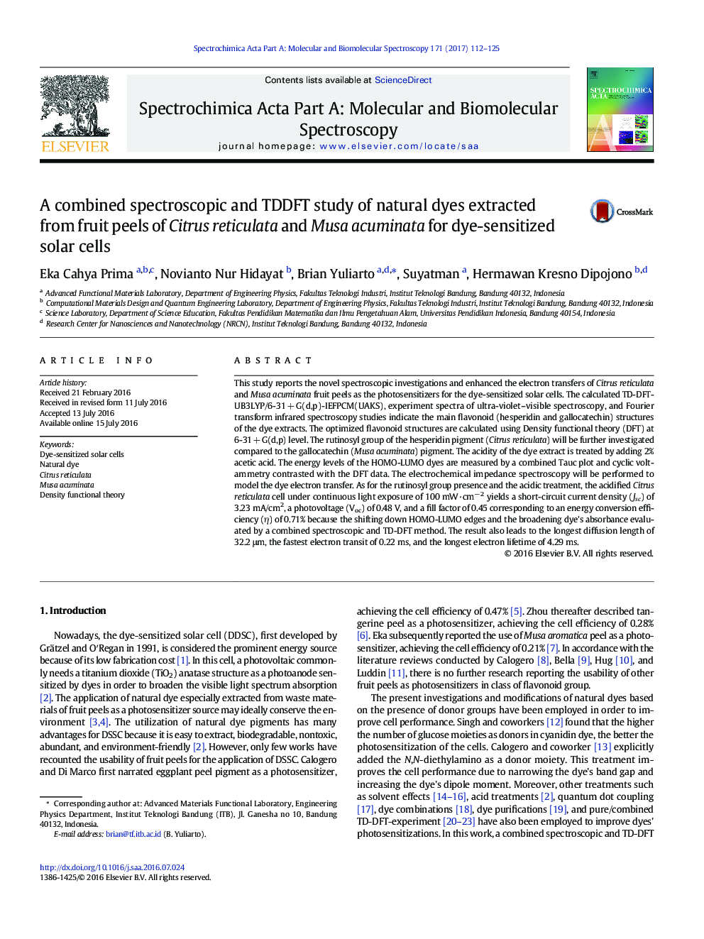 A combined spectroscopic and TDDFT study of natural dyes extracted from fruit peels of Citrus reticulata and Musa acuminata for dye-sensitized solar cells