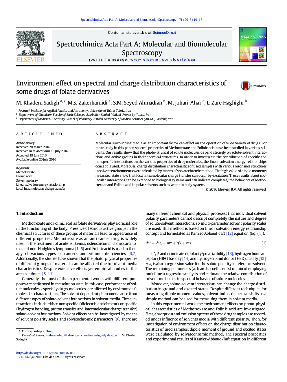 Environment effect on spectral and charge distribution characteristics of some drugs of folate derivatives