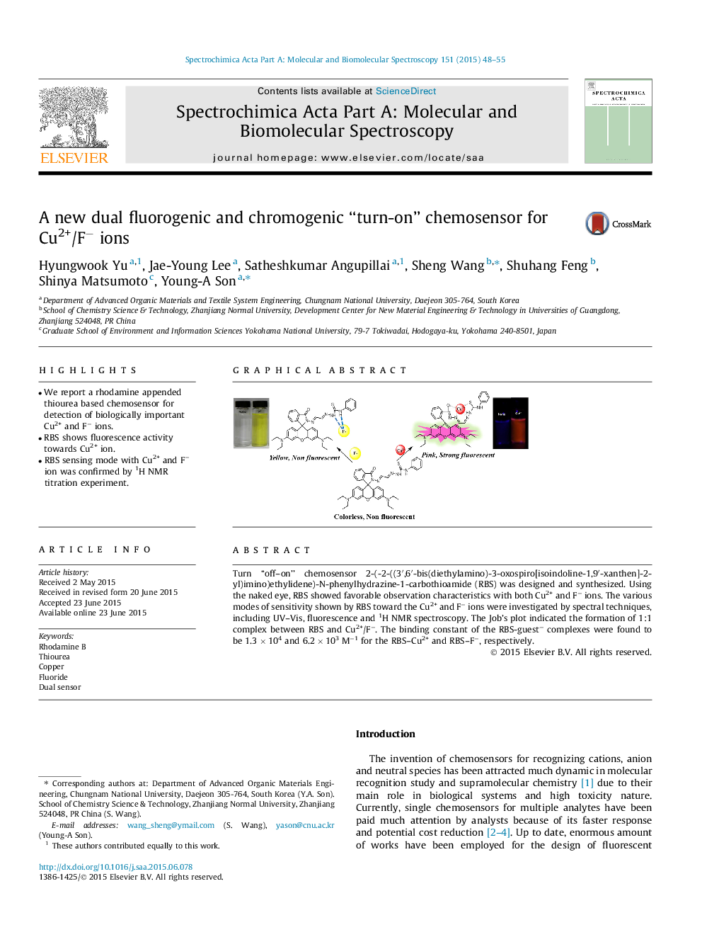 A new dual fluorogenic and chromogenic “turn-on” chemosensor for Cu2+/F− ions