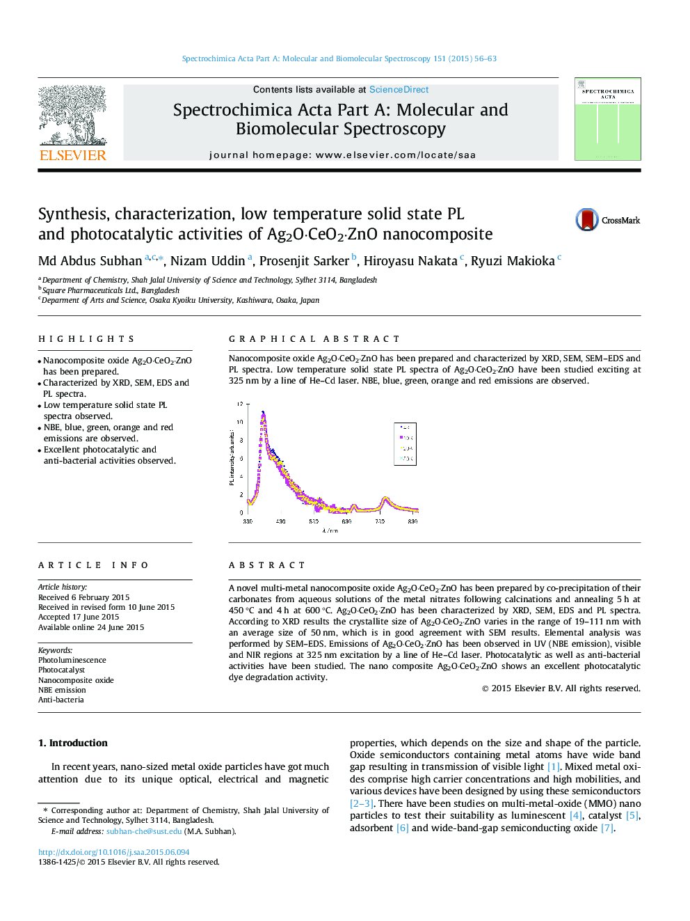 Synthesis, characterization, low temperature solid state PL and photocatalytic activities of Ag2O·CeO2·ZnO nanocomposite