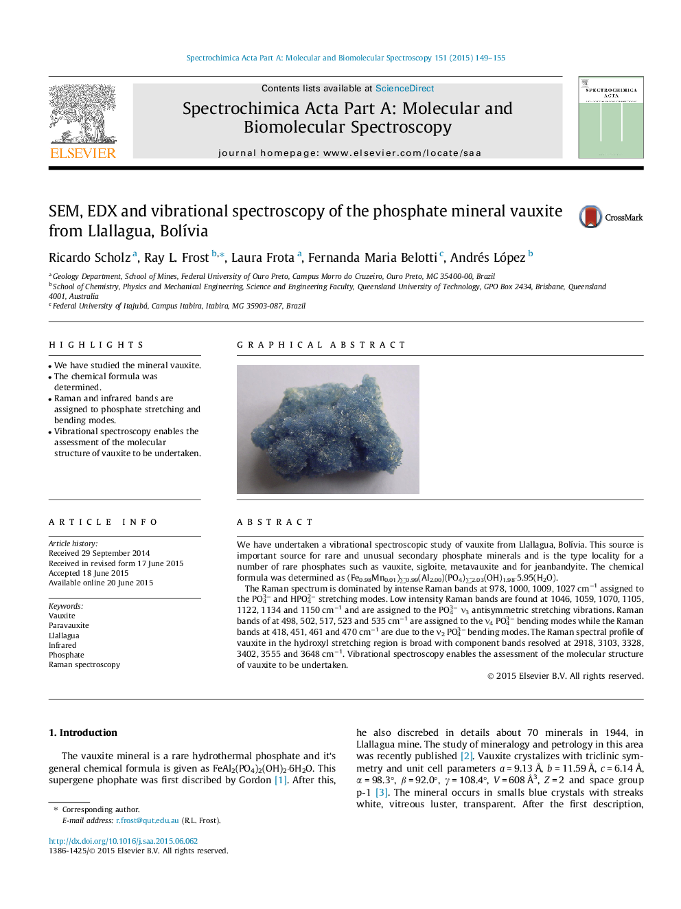 SEM, EDX and vibrational spectroscopy of the phosphate mineral vauxite from Llallagua, Bolívia