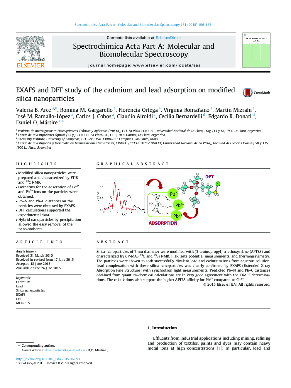 EXAFS and DFT study of the cadmium and lead adsorption on modified silica nanoparticles