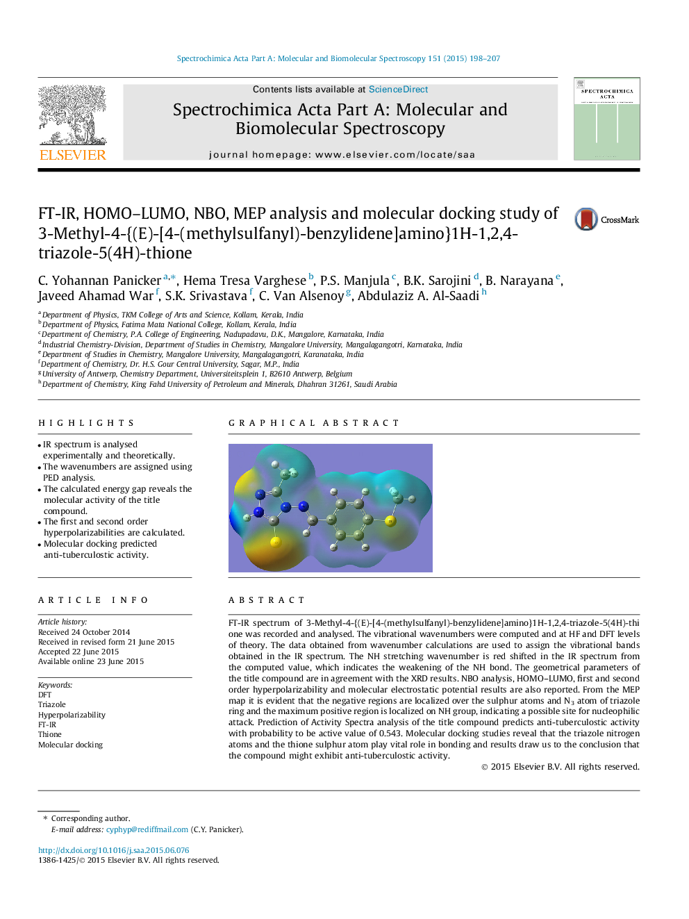 FT-IR, HOMO–LUMO, NBO, MEP analysis and molecular docking study of 3-Methyl-4-{(E)-[4-(methylsulfanyl)-benzylidene]amino}1H-1,2,4-triazole-5(4H)-thione