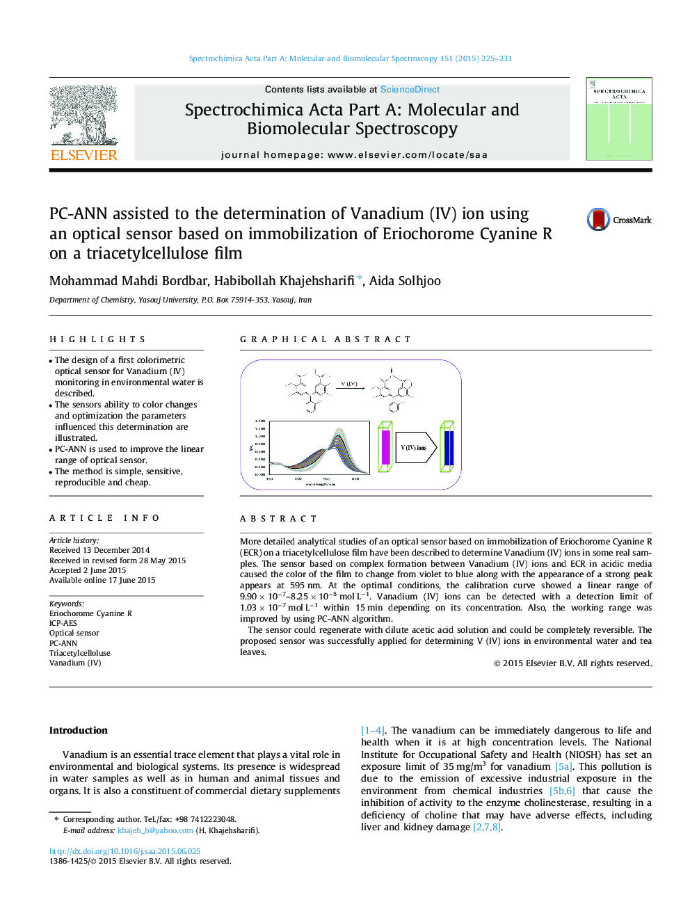 PC-ANN assisted to the determination of Vanadium (IV) ion using an optical sensor based on immobilization of Eriochorome Cyanine R on a triacetylcellulose film