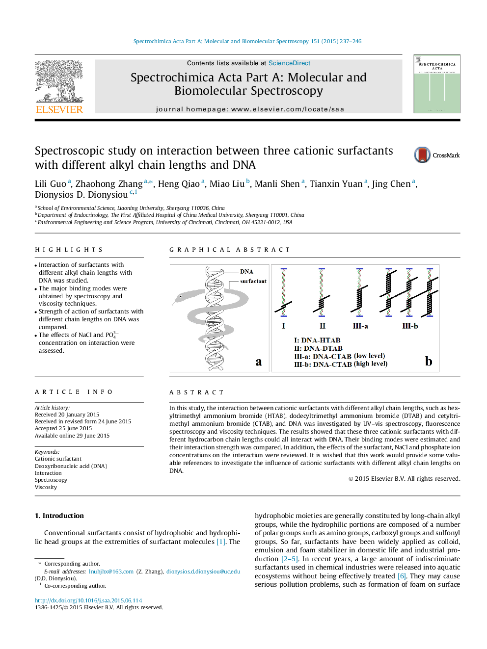 Spectroscopic study on interaction between three cationic surfactants with different alkyl chain lengths and DNA