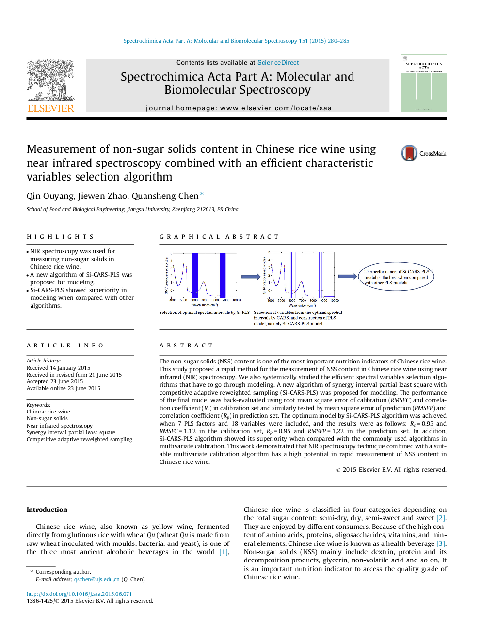 Measurement of non-sugar solids content in Chinese rice wine using near infrared spectroscopy combined with an efficient characteristic variables selection algorithm