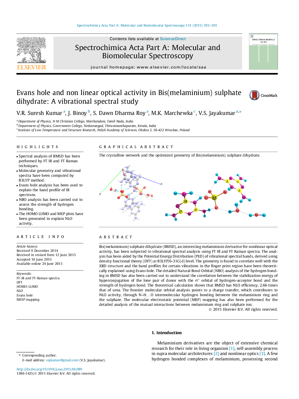 Evans hole and non linear optical activity in Bis(melaminium) sulphate dihydrate: A vibrational spectral study