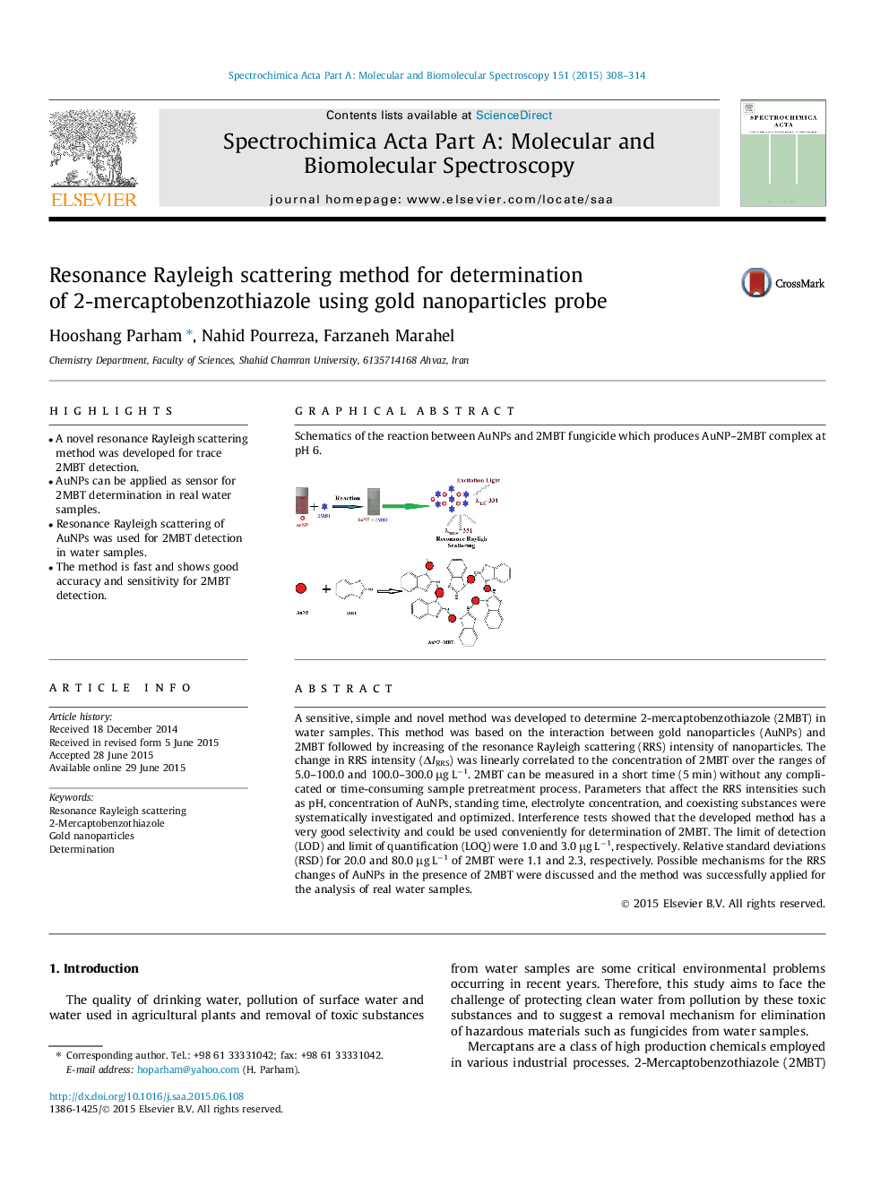 روش پراکندگی رزونانس ریلی برای تعیین 2-мерکارپتو بنتز تیتایزول با استفاده از پروب نانوذرات طلا 
