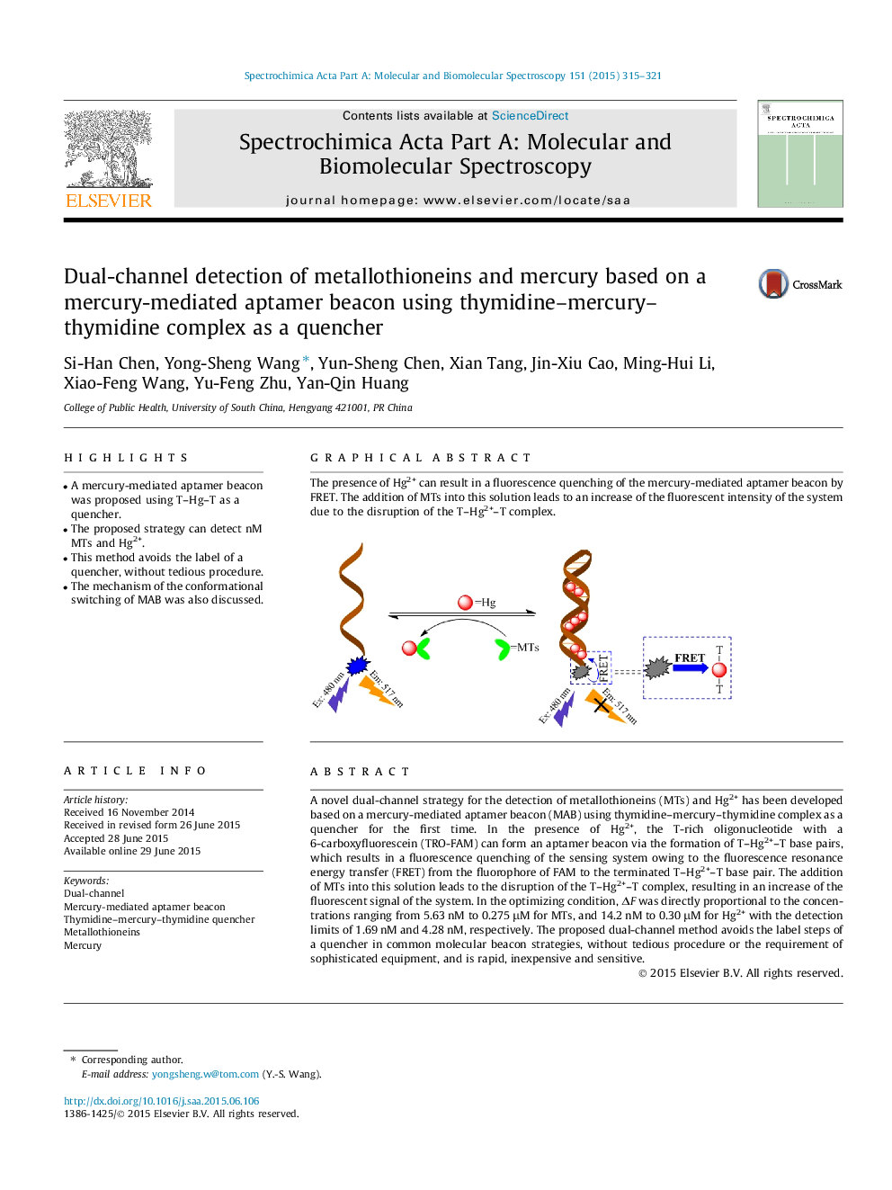 Dual-channel detection of metallothioneins and mercury based on a mercury-mediated aptamer beacon using thymidine–mercury–thymidine complex as a quencher