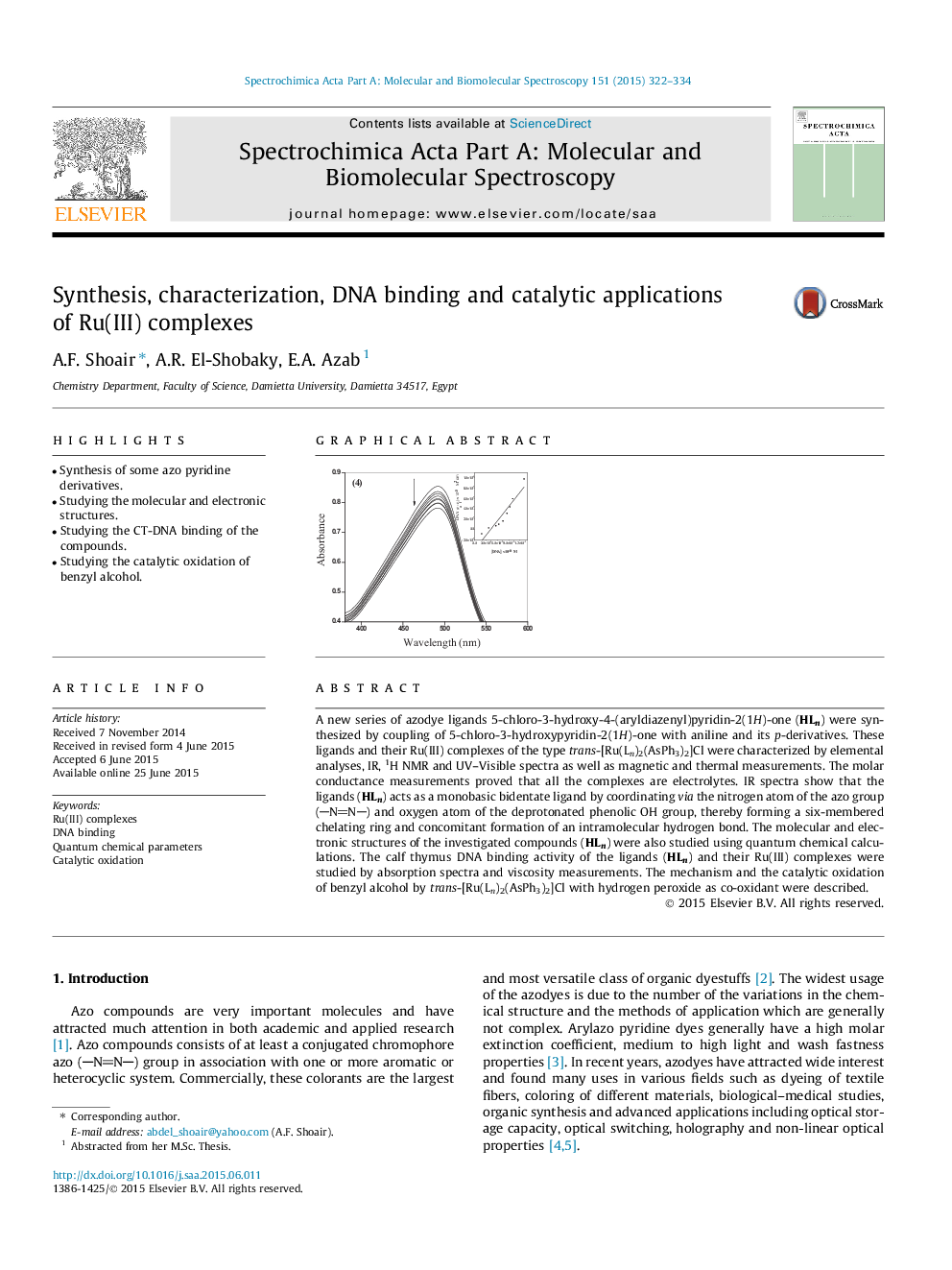 Synthesis, characterization, DNA binding and catalytic applications of Ru(III) complexes