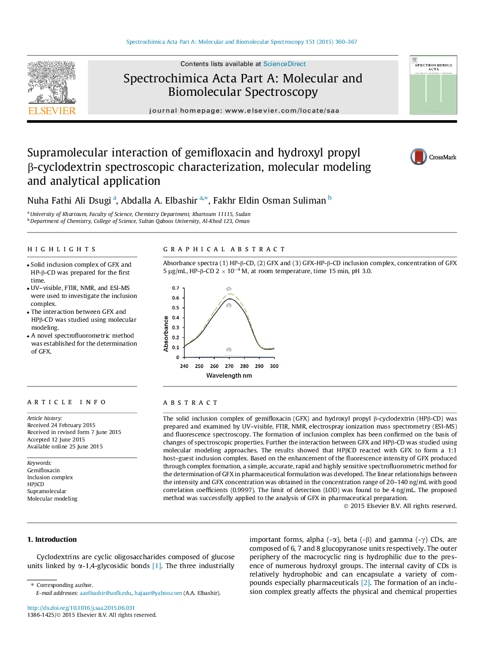 Supramolecular interaction of gemifloxacin and hydroxyl propyl β-cyclodextrin spectroscopic characterization, molecular modeling and analytical application