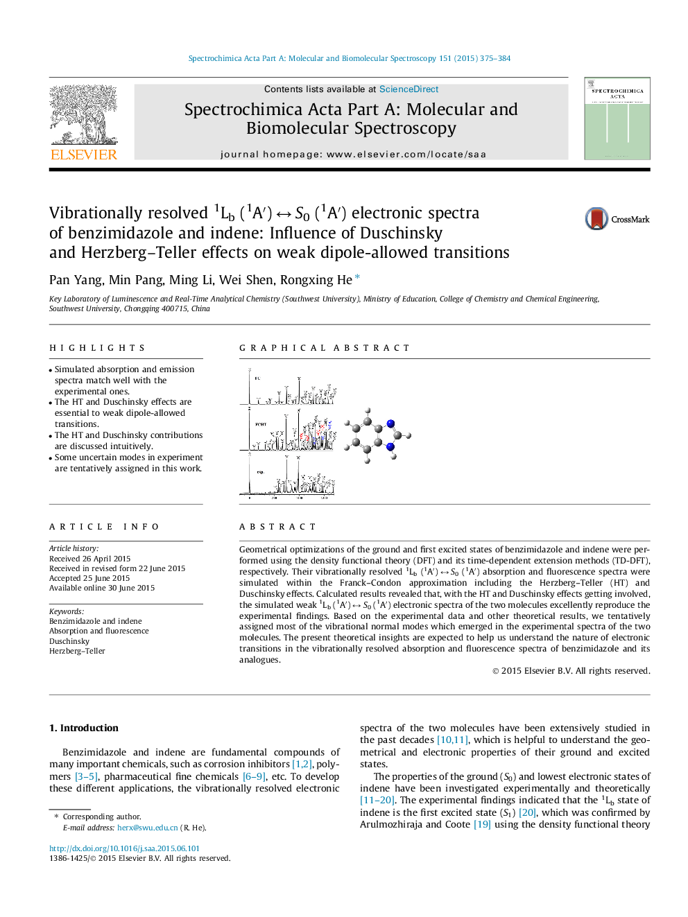 Vibrationally resolved 1Lb (1A′) ↔ S0 (1A′) electronic spectra of benzimidazole and indene: Influence of Duschinsky and Herzberg–Teller effects on weak dipole-allowed transitions