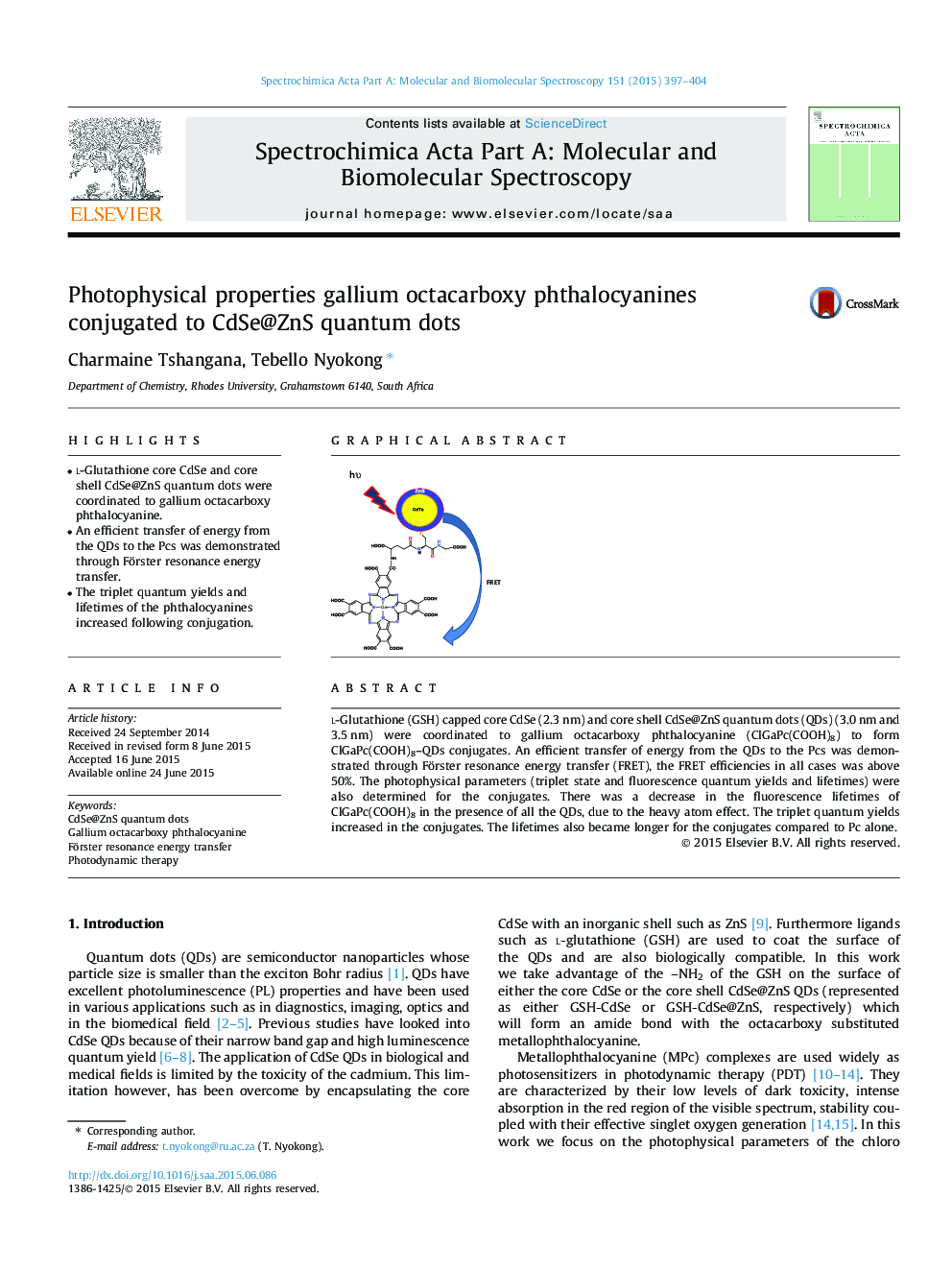 Photophysical properties gallium octacarboxy phthalocyanines conjugated to CdSe@ZnS quantum dots