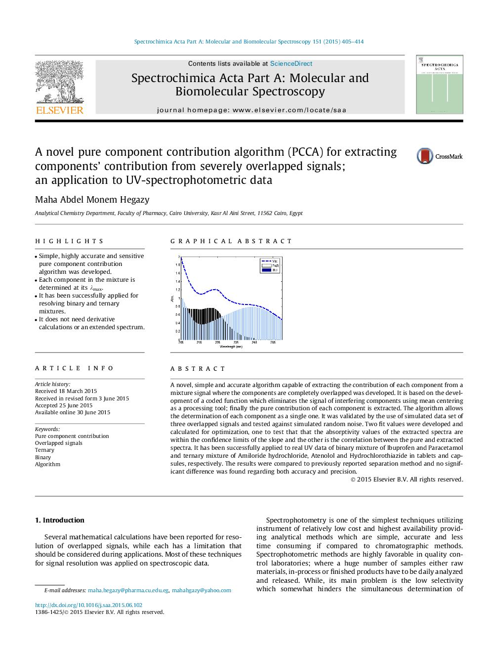 A novel pure component contribution algorithm (PCCA) for extracting components’ contribution from severely overlapped signals; an application to UV-spectrophotometric data