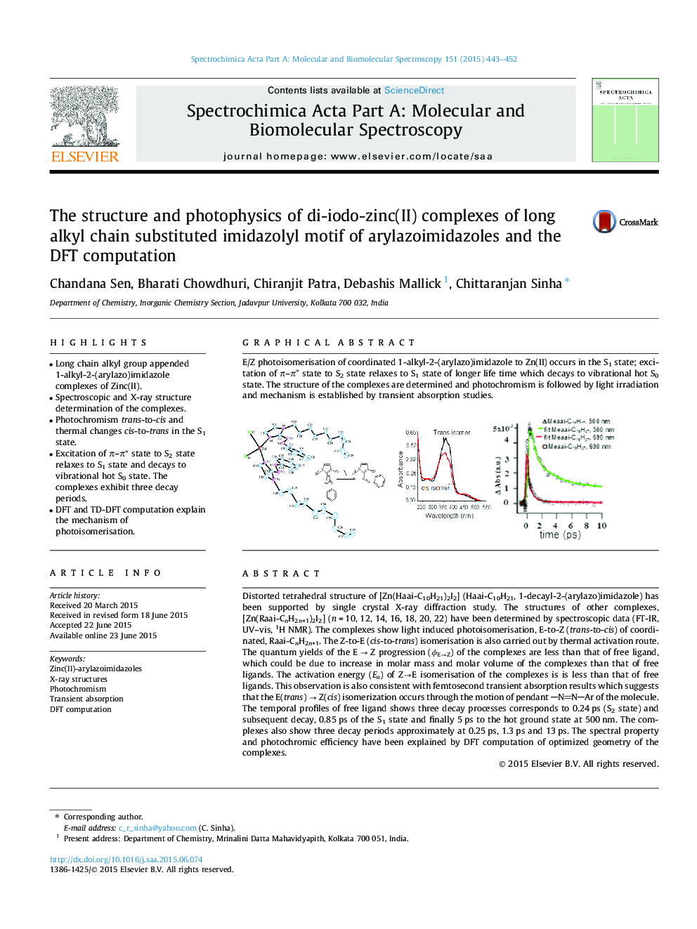 The structure and photophysics of di-iodo-zinc(II) complexes of long alkyl chain substituted imidazolyl motif of arylazoimidazoles and the DFT computation