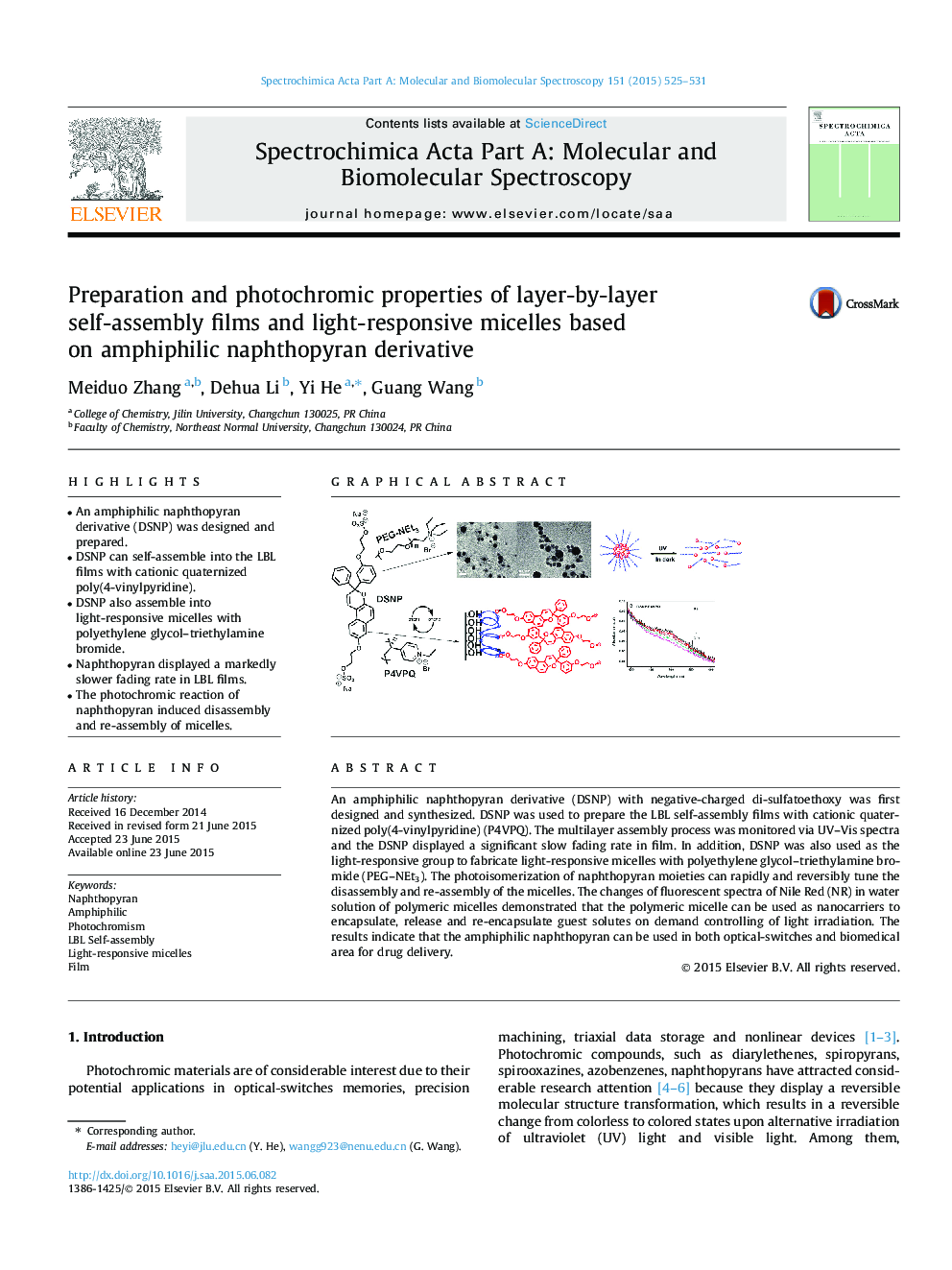 Preparation and photochromic properties of layer-by-layer self-assembly films and light-responsive micelles based on amphiphilic naphthopyran derivative