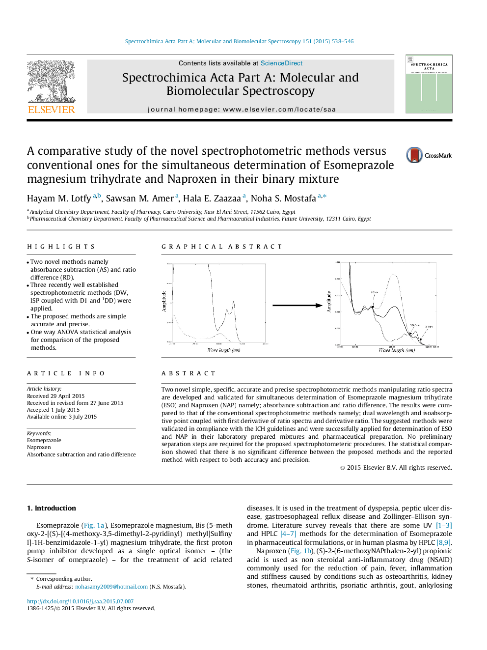 بررسی مقایسه ای روش های جدید اسپکتروفتومتری در مقایسه با روش های معمول برای تعیین همزمان تری هیدرات اسموپرازول منیزیم و ناپروکسن در ترکیب دوتایی آنها 