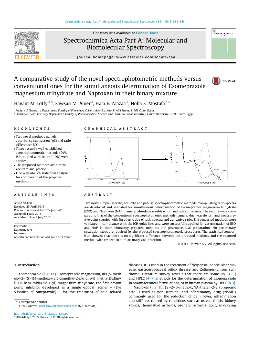 A comparative study of the novel spectrophotometric methods versus conventional ones for the simultaneous determination of Esomeprazole magnesium trihydrate and Naproxen in their binary mixture