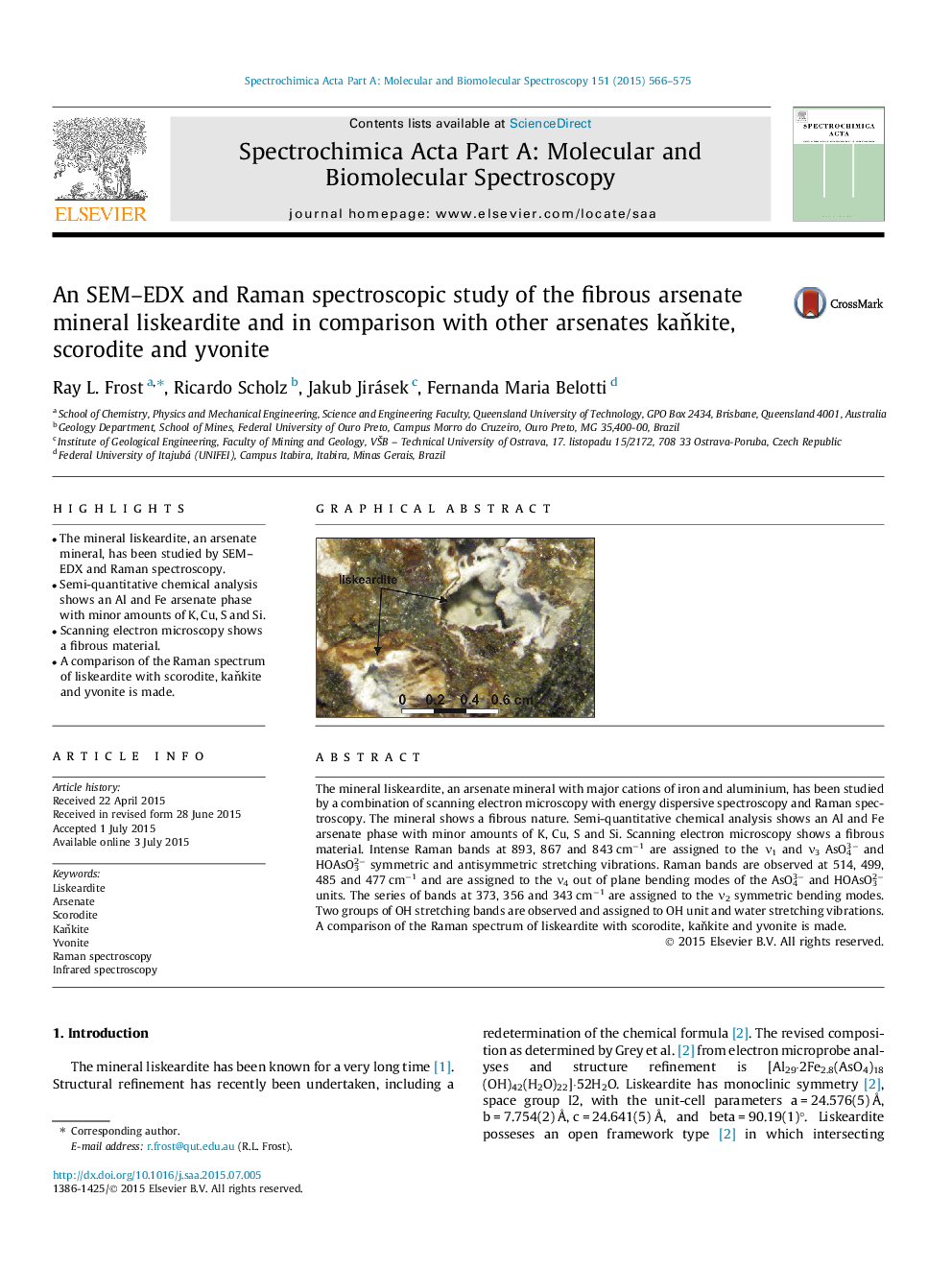 An SEM–EDX and Raman spectroscopic study of the fibrous arsenate mineral liskeardite and in comparison with other arsenates kaňkite, scorodite and yvonite