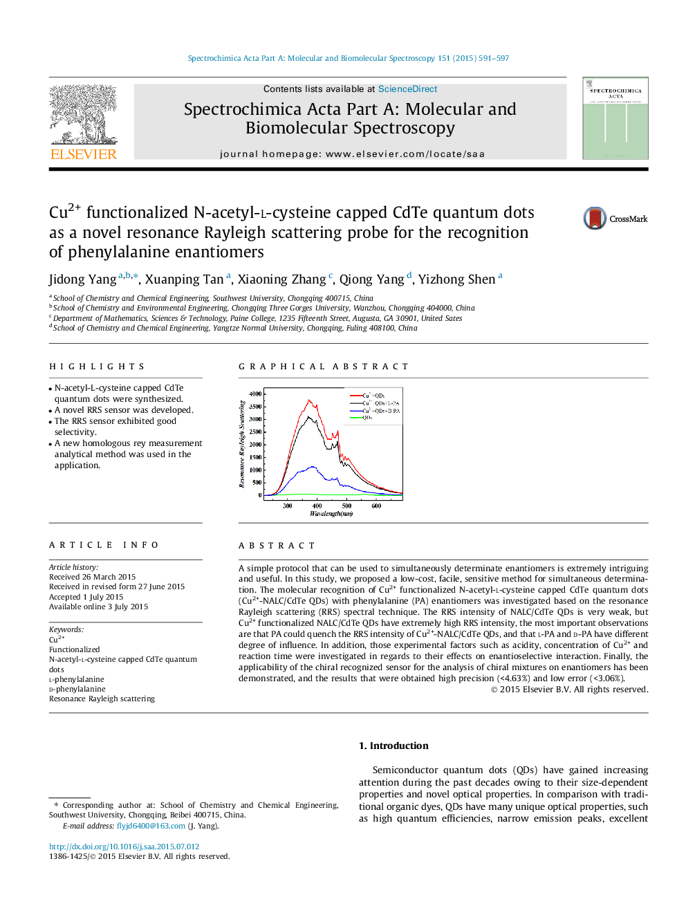 Cu2+ functionalized N-acetyl-l-cysteine capped CdTe quantum dots as a novel resonance Rayleigh scattering probe for the recognition of phenylalanine enantiomers