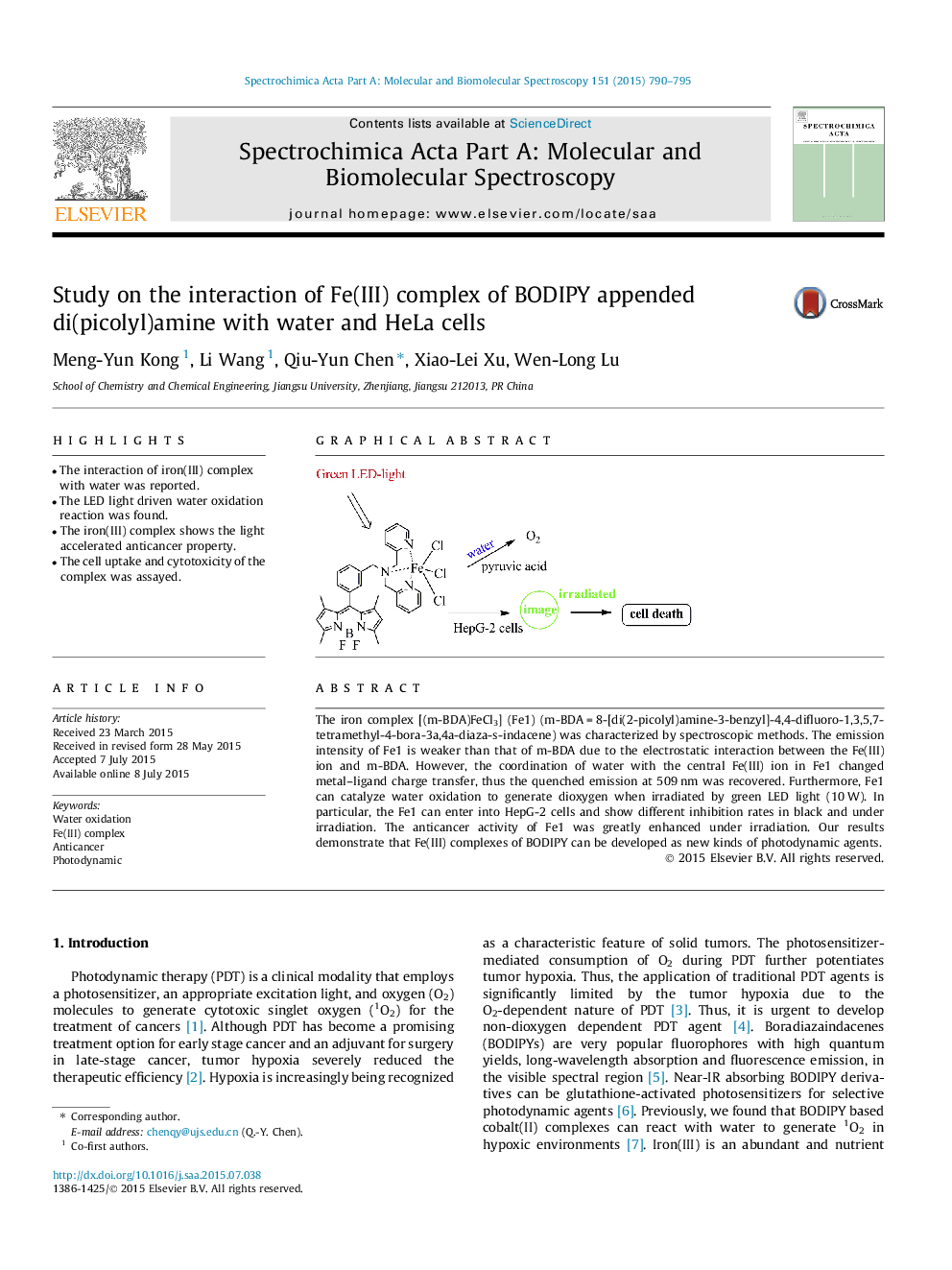 Study on the interaction of Fe(III) complex of BODIPY appended di(picolyl)amine with water and HeLa cells