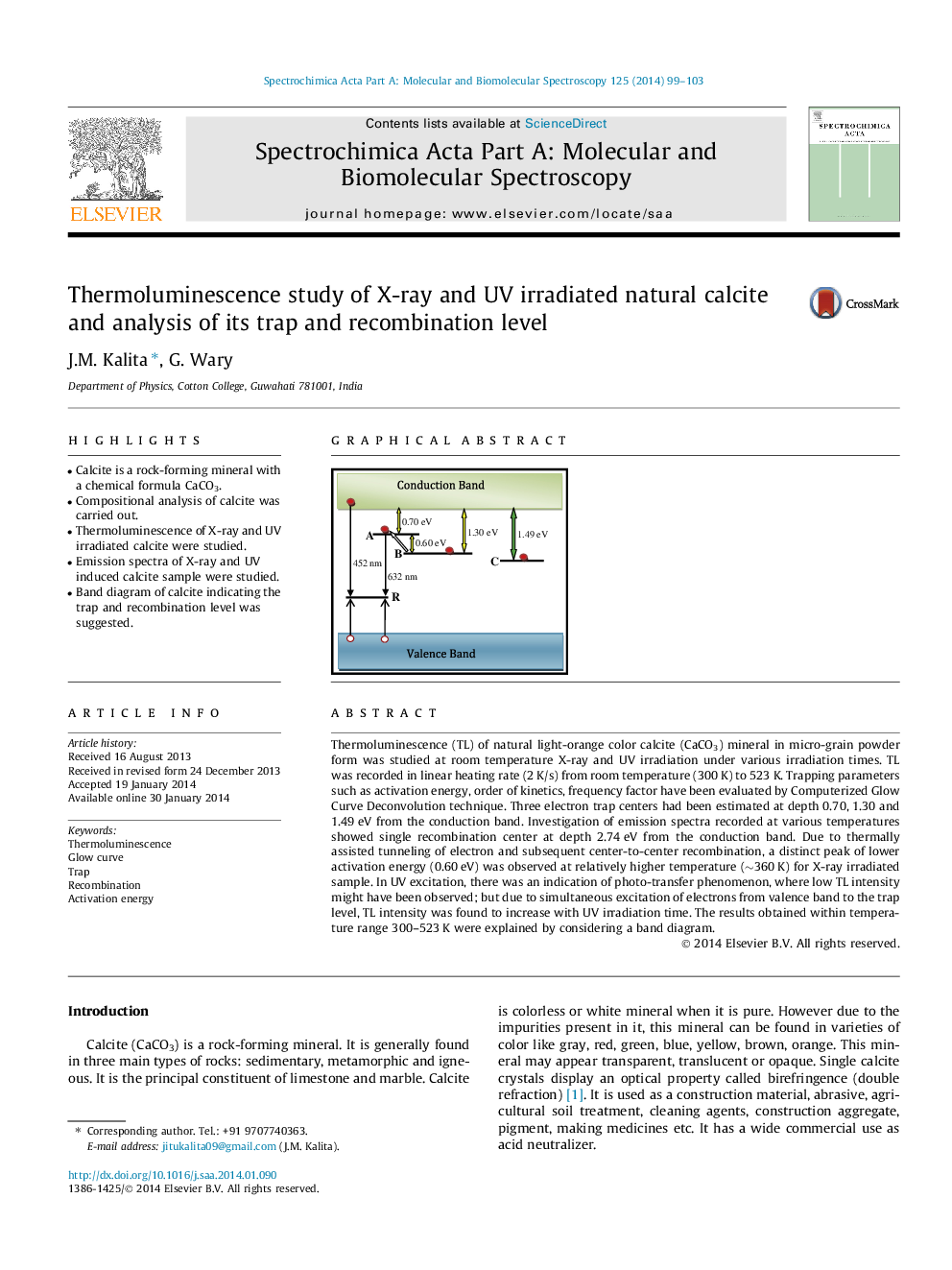 Thermoluminescence study of X-ray and UV irradiated natural calcite and analysis of its trap and recombination level