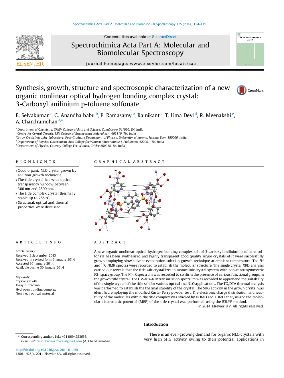 Synthesis, growth, structure and spectroscopic characterization of a new organic nonlinear optical hydrogen bonding complex crystal: 3-Carboxyl anilinium p-toluene sulfonate