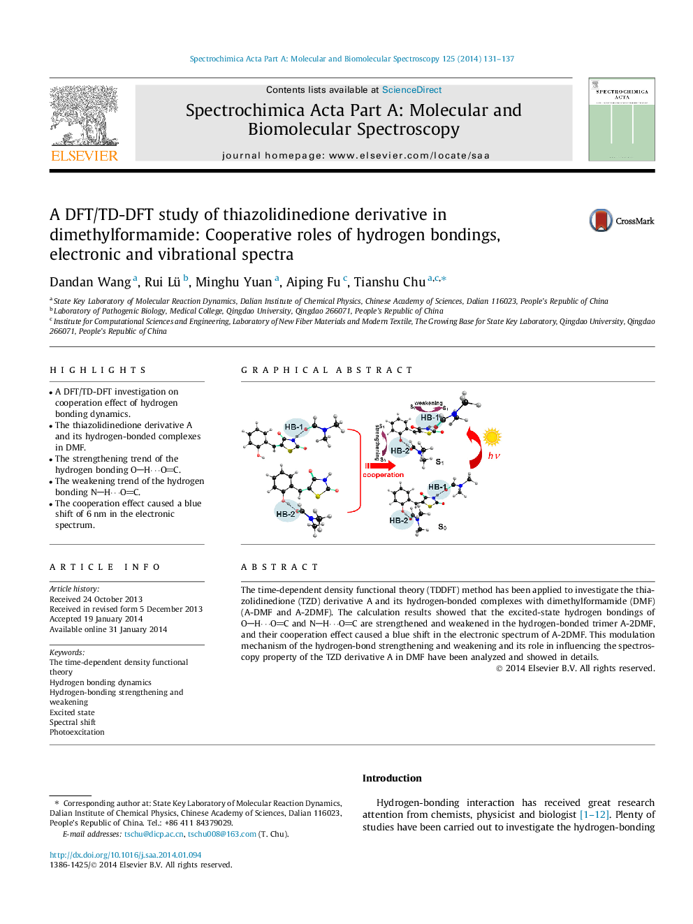 A DFT/TD-DFT study of thiazolidinedione derivative in dimethylformamide: Cooperative roles of hydrogen bondings, electronic and vibrational spectra