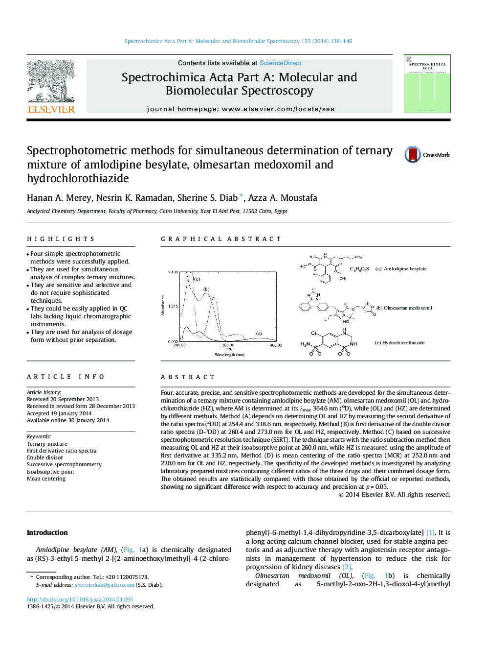 Spectrophotometric methods for simultaneous determination of ternary mixture of amlodipine besylate, olmesartan medoxomil and hydrochlorothiazide