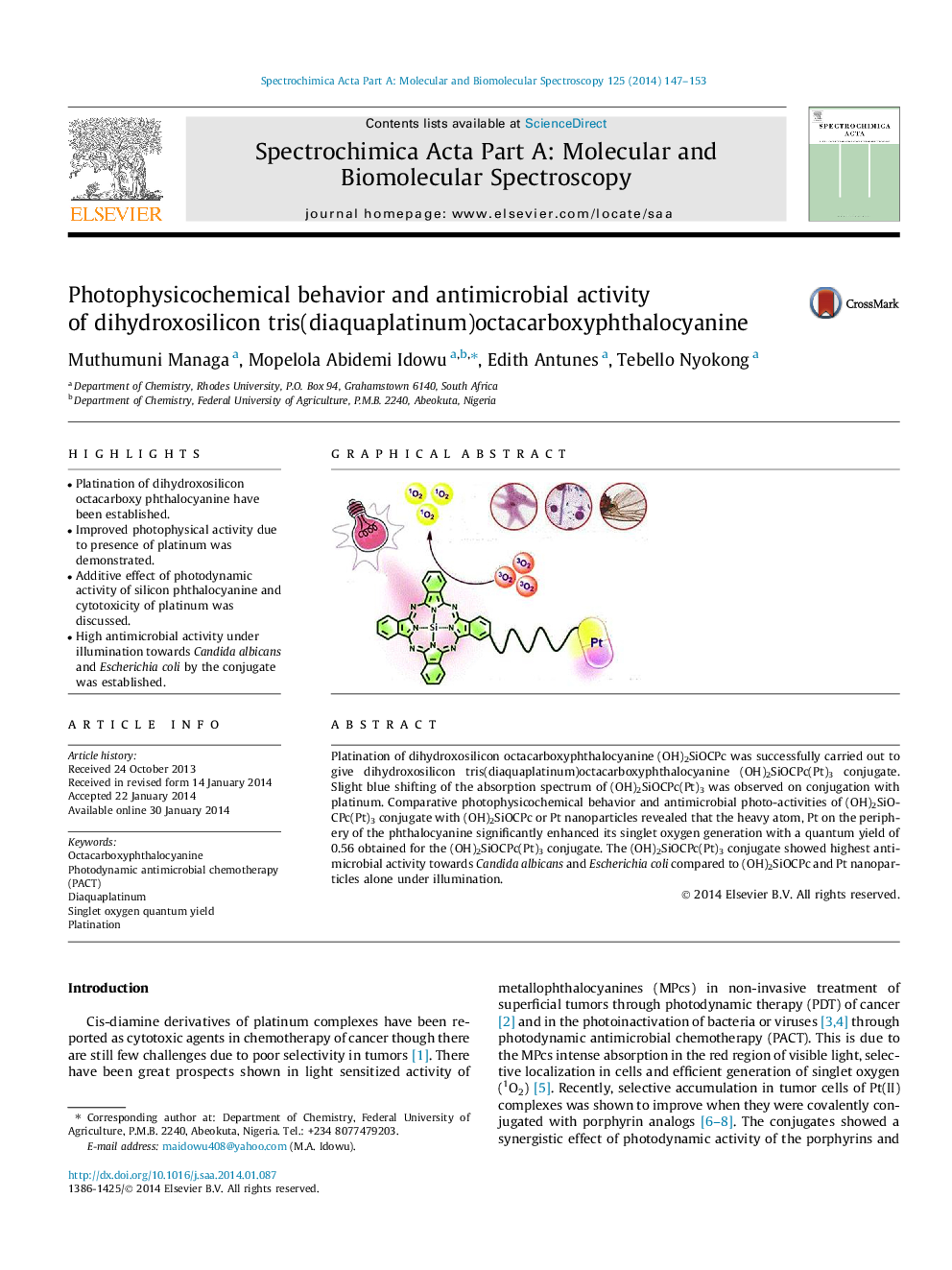 Photophysicochemical behavior and antimicrobial activity of dihydroxosilicon tris(diaquaplatinum)octacarboxyphthalocyanine